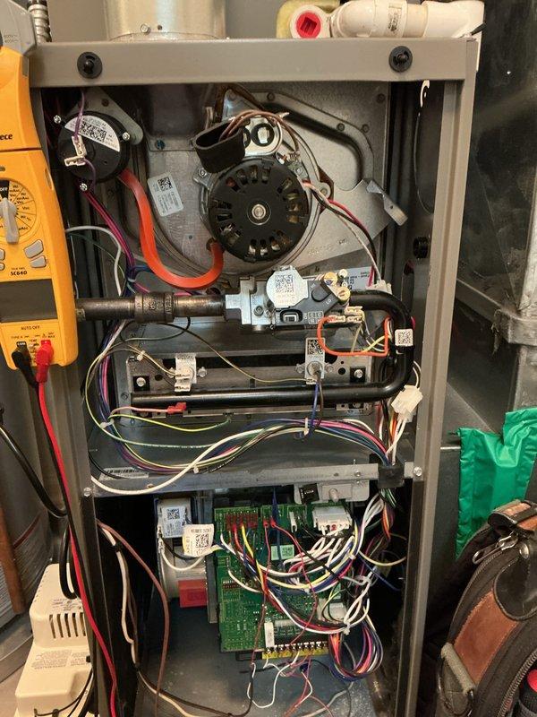 Completed annual maintenance tune-up on 3-year-old Lennox furnace. Performed comprehensive system inspection including blower motor operation, gas valve assembly, ignition control module, and flame sensor verification. Conducted diagnostic testing with multimeter and manometer readings to verify proper system pressures and electrical connections. All components found in good working condition with normal operational wear. System operating properly with no deficiencies noted.