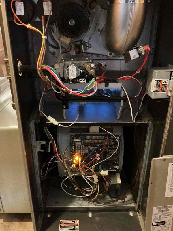 Performed comprehensive preventive maintenance on a 9-year-old residential furnace system. Conducted complete visual inspection of all internal components including blower motor assembly, draft inducer motor, gas valve, ignition system, and main control board. Verified proper operation of all electrical connections and tested capacitors for correct voltage and microfarad ratings. Inspected heat exchanger for signs of cracks or deterioration. Tested ignitor and flame sensor operation, confirming proper ignition sequence and flame detection. Verified gas valve operation and checked all wire connections for signs of heat damage or loose terminals. Examined control board for proper LED status indicators and confirmed all safety circuits functioning correctly. Checked blower motor operation and amperage draw within manufacturer specifications. System operating normally with no deficiencies noted at time of service.