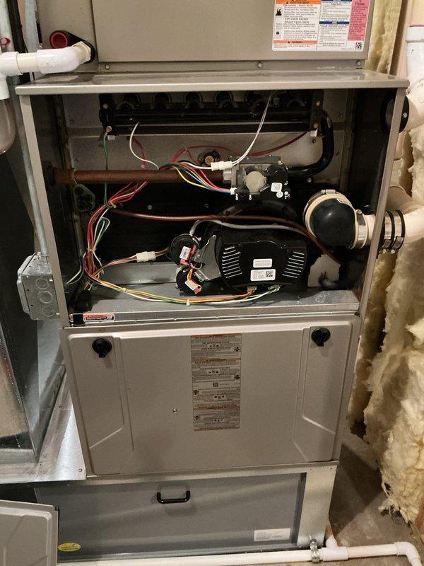Completed seasonal maintenance on Bryant gas furnace and air conditioning system. Performed comprehensive inspection of furnace interior components including blower motor assembly, control board, electrical connections, and heat exchanger. Verified all wiring connections were secure and properly routed. Inspected and confirmed proper air filter installation and sizing per manufacturer specifications to address customer concerns regarding filter fit. Checked PVC condensate drain lines for proper operation. All internal components found in good operating condition with no visible wear, damage, or debris accumulation. System tested and operating within normal parameters.