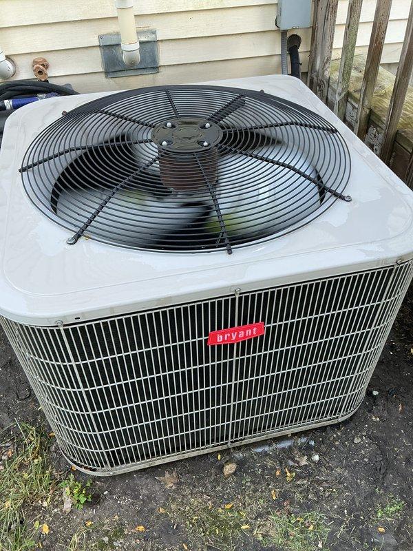 Completed scheduled AC tune-up and preventative maintenance on Bryant residential condensing unit. Upon arrival, observed heavy accumulation of dirt, dust, and debris on condenser coils and fins, along with organic matter including leaves and twigs around the unit base. Performed comprehensive system inspection, cleaned condenser coils, removed debris from surrounding area, checked refrigerant levels, tested electrical connections, verified proper fan operation, and confirmed unit returned to optimal cooling performance. System operating within normal parameters upon completion.