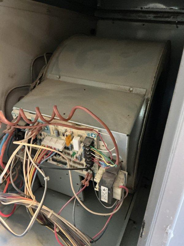 Completed gas furnace tune-up and preventative maintenance inspection on residential HVAC system. Accessed interior cabinet, inspected electrical components including control board, wiring connections, and transformer assembly. Verified proper operation of all electrical connections and terminal blocks. Inspected refrigerant lines and blower compartment, noting system age and general wear consistent with older equipment. All components functioning within normal parameters at time of service.