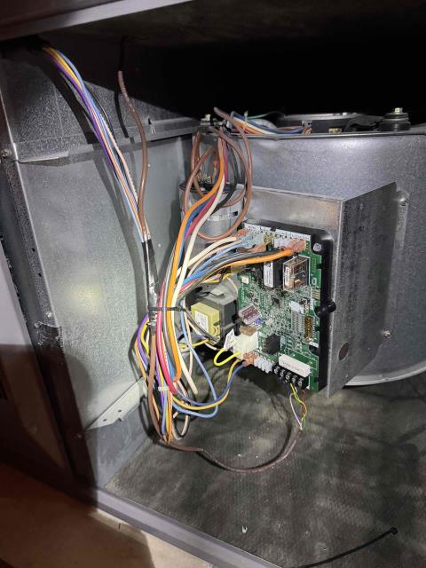 Replaced control board on system. Found burnt thermistor on board and burnt circuit on back of board. Once board was replaced system started up with no problems. Found dirty filters in return grills of home and removed them. Customer will replace them. No further work needed at this time. 