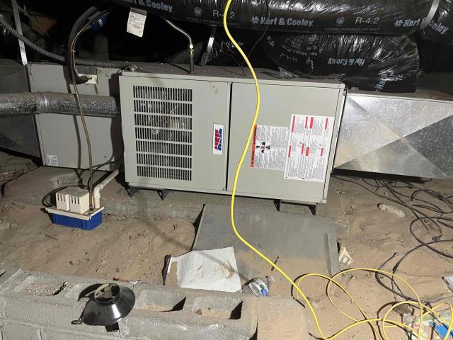 Went out today for an AC no cool. Found that the 50 amp breaker for system was off, I have switched breaker back on and system came on properly. I did find that the air filter was dirty and clogged (crawl space) I changed it for homeowner. System is operating/cooling properly at this time. Job complete. 