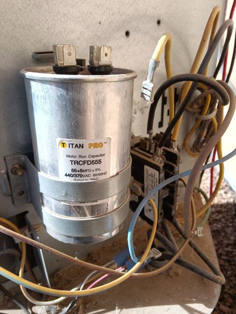 Came out today to Replace 55/5 mfd capacitor. System came on properly and is cooling at this time with a 20 degree temperature split and pressures at 75 suction and 250 liquid. Job complete. 

