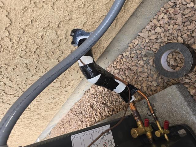 Came out today for ac swap with relocation of condenser. Relocated condenser, leveled pad, sealed hole with insulation and silicone, brazed lineset in purging with nitrogen as doing so, pressure checked and pressure held, pulled vacuum specs and performed vacuum hold test and that also passed, charged with additional 1lb 4 ounces, turned on to verify proper working order and system operated as should, left at cool 72 upon leaving. 