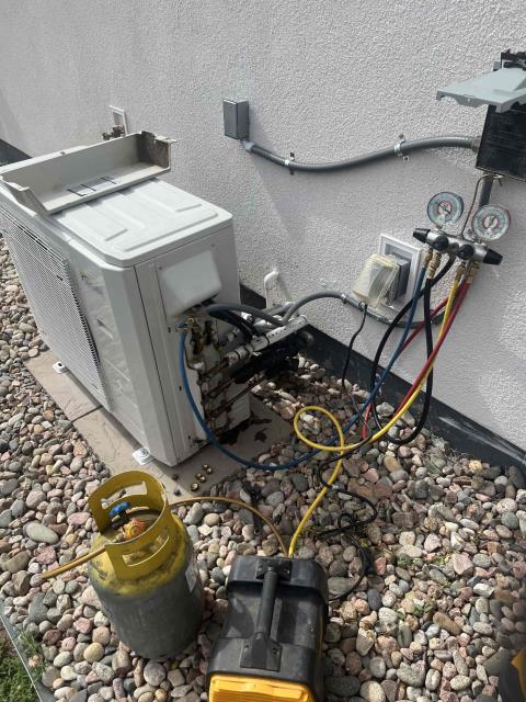 Came out today to find leak. Cleaned blower wheels on 5 mini spit evaporator head units. Pressure test north condensing unit with line sets to 350 psi, no leaks found. Replaced 5 schrader cores on condensing unit. Vacuumed system to 499 microns. Charged system with 105.8 oz r-410a refrigerant. Verified pressures and temperatures, all operations working properly at this time. Job complete. 
