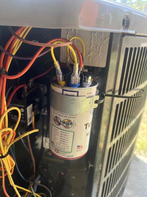 Came out to location today for AC no cool. Found capacitor and outdoor condensing unit bad. Replaced bad capacitor with turbo. Tested outdoor operations, working properly. Test tested return temperature at 79° and supply temperature at 57°. All AC operations working properly at this time. Job complete.