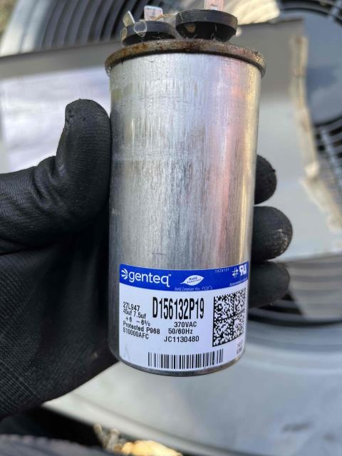 Came out to location today for AC no cool. Found capacitor and outdoor condensing unit bad. Replaced bad capacitor with turbo. Tested outdoor operations, working properly. Test tested return temperature at 79° and supply temperature at 57°. All AC operations working properly at this time. Job complete.