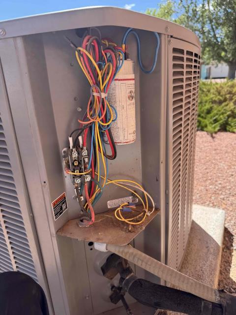 Went out to location today to Add sealant and refrigerant to proper pressures and superheat. Replaced capacitor as well. No further issues or work needed at this time. Job complete. 