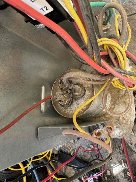 Upon arrival at clients home today I found the compressor was struggling to run and fan was running. Checked pressures and capacitor. Capacitor was very low. Replaced cap and system ran correctly. Showed customer pressures and showed work being done. Sitting pressures were 259 high and low. 130 low and 360 high running. No further work needed at this time.  Job complete. 