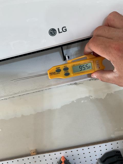 Mini split maintenance- checked for signs of leaks, checked filters on head, checked condenser fins, checked supply and return temps and we have a 30 degree split which is good. No issues found on LG mini split. 