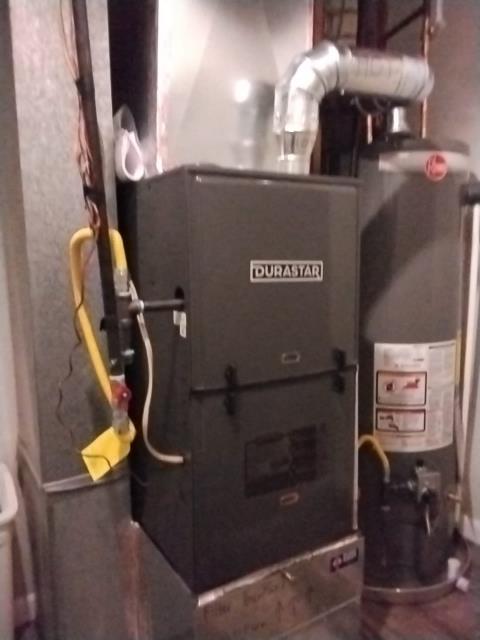 Technicians are onsite today to install a Durastar 17” furnace and new water heater. Day 1 completed water heater installation. Day 2-
Removed and replaced old with new and added new filter box. Verified new heating system is working and heated home to 81 degrees. Job Complete.