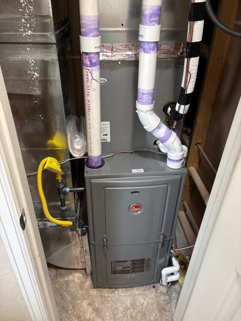 Onsite today for a furnace replacement. Installed new Rheem 95% Furnace. Installed smoke and co detectors and verified new furnace was working as designed. Job Complete.