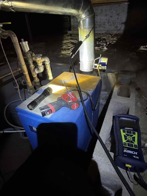 Technician is onsite today for a Boiler maintenance visit. Completed boiler maintenance and found relief valve leaking into a puddle, lots of rust and mineral on boiler itself indicating a cracked heat exchanger. Will send estimates for replacement. Job Complete