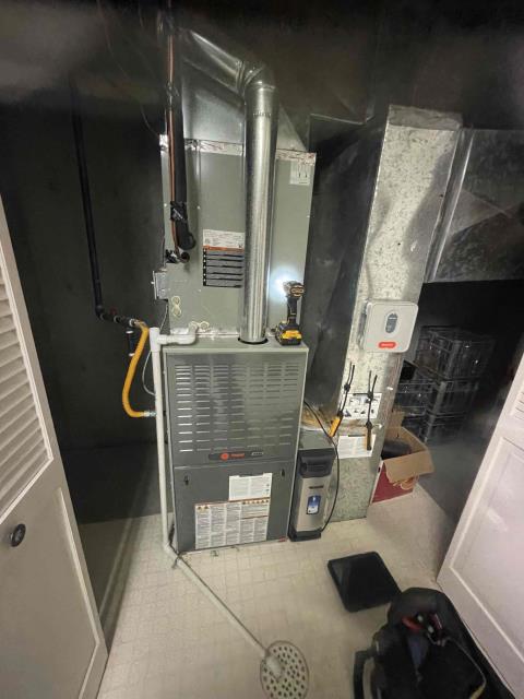 Onsite today for a 2015 trane furnace maintenance visit. Completed maintenance checklist- Notated black burnt carbon buildup under burner and flame sensor slightly damaged. Cleaned off all sensors and dust buildup. Recommendations include ongoing maintenance to monitor system plus air duct cleaning and sanitization. Job Complete.