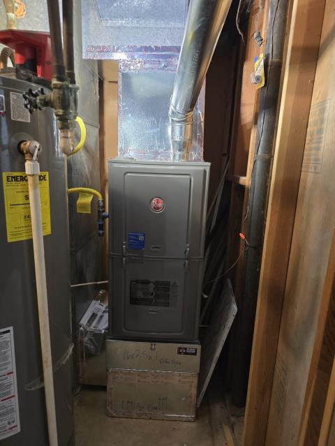 Onsite today for a Furnace Only Replacement -Rheem 80% Single-Stage/Variable - 75K & Supply Grille. Technician installed new furnace with Added a supply run. Verified new furnace was running and heating to set temp, Job Complete.
