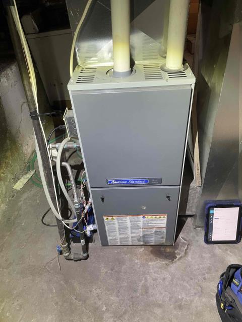 Onsite today for a 2023 American standard furnace maintenance visit. Completed maintenance checklist and notated Regular dust build up throughout system. Notated heavy dust buildup on blower wheel as well. Recommendations include upgraded 24v filter and ongoing system maintenance. Client will follow up on any future work request requested. Job Complete.