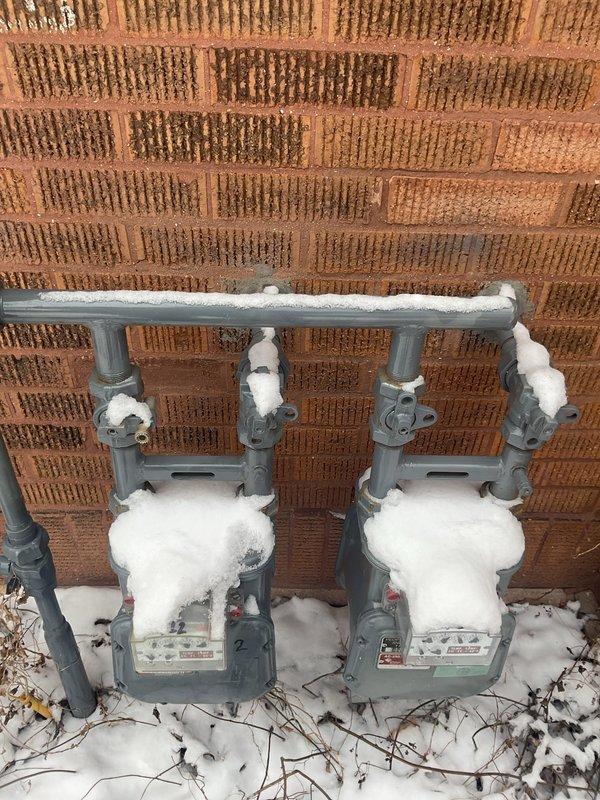 Responded to emergency call due to gas service shut-off by ComEd resulting from detected gas leak. Performed comprehensive inspection of exterior gas meters and associated piping which showed significant frost/ice buildup on components. Conducted pressure test on gas lines after locating and repairing leak. System restored to proper operating condition and passed final pressure testing to ensure safe restoration of gas service.