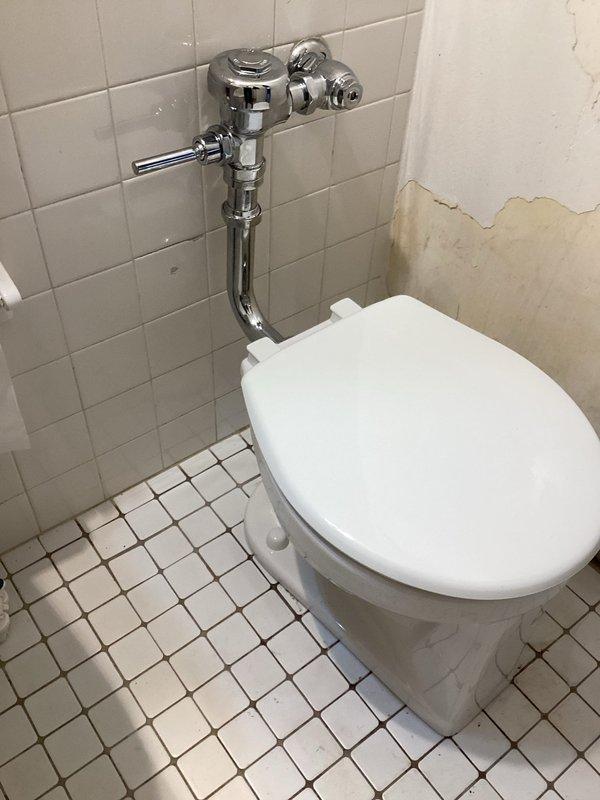 Completed scheduled building shutdown (9am-1pm) to address significant water damage and deterioration in bathroom. Serviced wall-mounted chrome flush valve mechanism on toilet and repaired shower installation including chrome handheld showerhead with flexible hose. Documented extensive wall deterioration, peeling plaster, and potential moisture problems in both toilet and shower areas for future remediation recommendations.