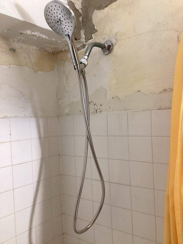Completed scheduled building shutdown (9am-1pm) to address significant water damage and deterioration in bathroom. Serviced wall-mounted chrome flush valve mechanism on toilet and repaired shower installation including chrome handheld showerhead with flexible hose. Documented extensive wall deterioration, peeling plaster, and potential moisture problems in both toilet and shower areas for future remediation recommendations.