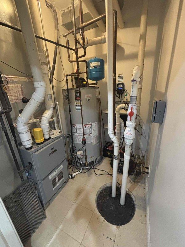 Conducted priority VIP plumbing maintenance inspection with focus on utility area. Examined sump pump system, expansion tank, water heater, and associated copper/PVC piping connections for proper function. No immediate issues identified with the plumbing infrastructure; all components operating within normal parameters.