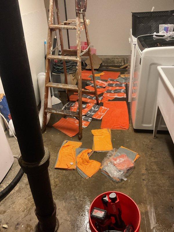 Inspected property basement area and identified water leakage near copper supply lines with visible corrosion. Documented damaged drywall panels with moisture intrusion. Client needs to schedule catch basin pump-out service to prevent further water accumulation and potential foundation issues.