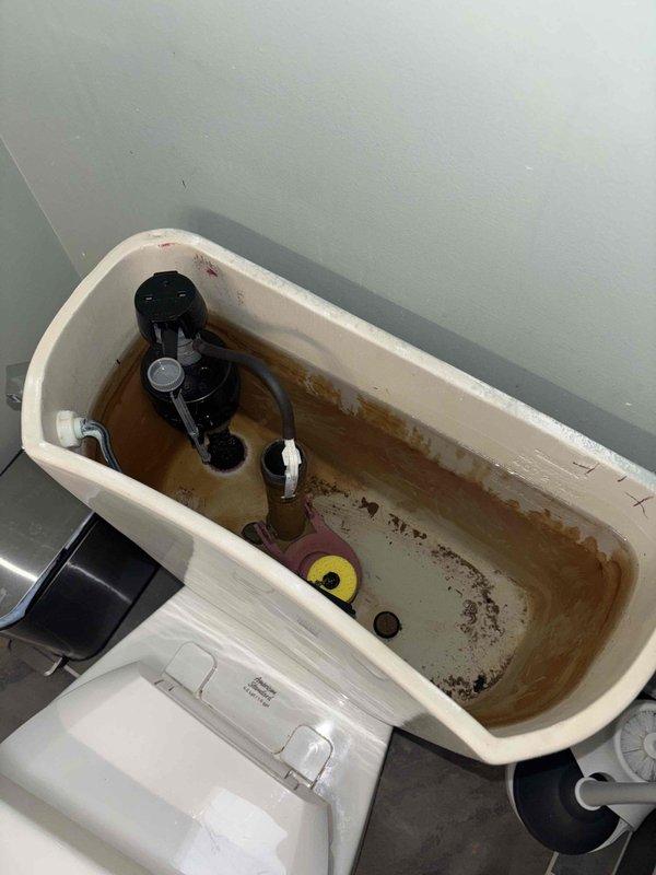 Responded to service call regarding persistent toilet tank dripping noise. Inspection revealed significant mineral deposits and discoloration inside tank affecting proper valve function. Cleaned flush valve assembly, replaced worn components, and adjusted water level to eliminate dripping issue.