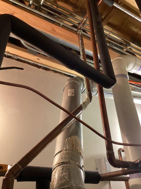 Inspected existing plumbing infrastructure throughout utility area, including copper pipes, PVC connections, and water meter. Parts for faucet installation are in shop; needs scheduling. Job to be completed by Brian R or Chip as per sales arrangement.