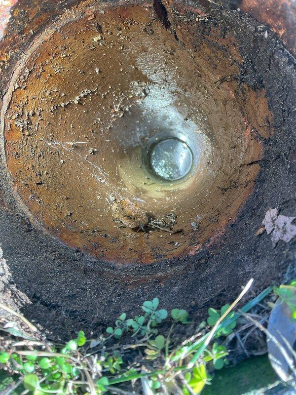 Responded to priority service call for an actively backing up catch basin. Upon inspection, discovered significant rust and corrosion inside the drainage pipe with standing water at the bottom. Cleaned the catch basin thoroughly, removing accumulated sediment and debris from the concrete chamber that was causing the blockage and backup issues.