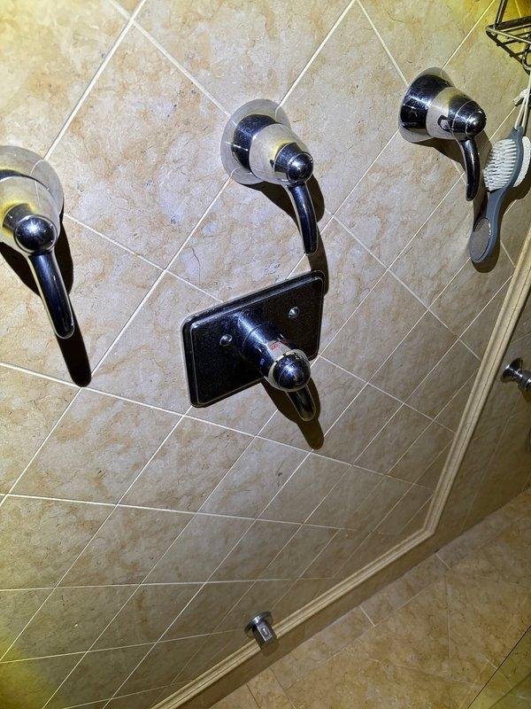 Inspected water damage in ceiling underneath bathroom. Located active leak from shower fixture in upstairs bathroom, visible as brown staining on ceiling below. Found multiple contributing issues including loose shower valve connections and slow-draining kitchen sink with dishwasher backup. Tightened shower connections and verified proper water temperature regulation after repairs.