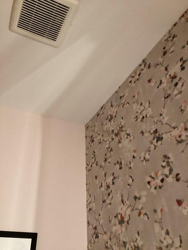 Successfully completed a two-person repair job in the powder room requiring careful protection of wallpapered surfaces. Utilized floor mats, tarps, and plastic coverings to shield the decorative floral wallpaper while accessing and servicing the ceiling vent/exhaust fan. Work was completed with no damage to the surrounding finishes.