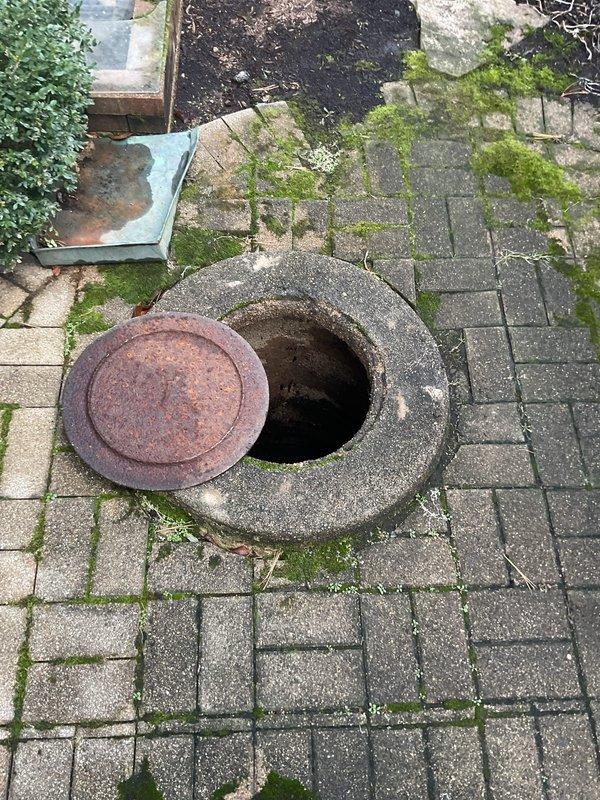 Responded to emergency service call for residential sewer line backup. Performed inspection of outdoor drain access point, revealing root intrusion and debris accumulation in the circular concrete drainage pipe. Observed standing water in the pipe, confirming blockage issue causing reported backflow problems.