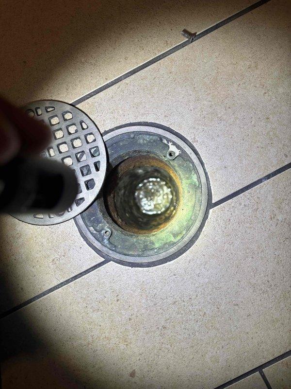 Responded to work order #237644 to investigate strong sewer odor in restroom. Performed smoke test to identify source of odor. Inspection revealed significant mineral buildup and corrosion in floor drain, and issues with the plumbing valve assembly that were contributing to the sewer gas smell.