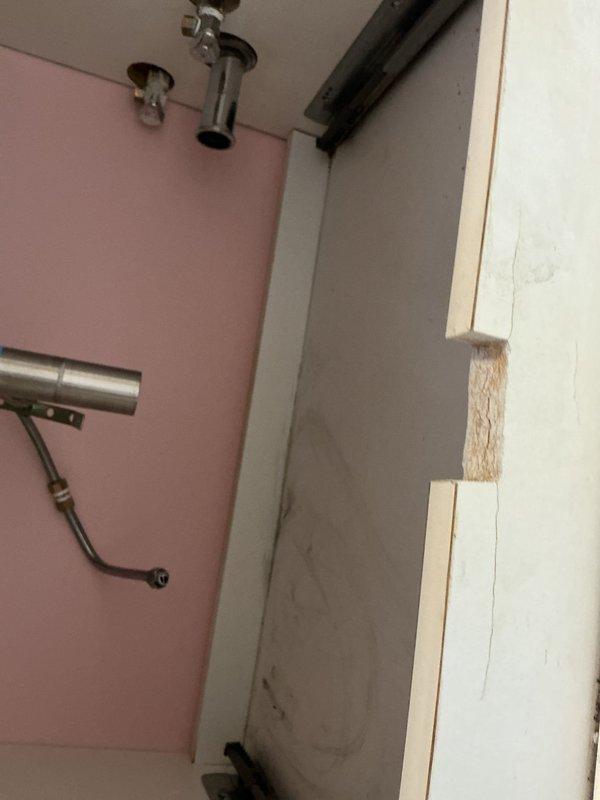 Reset toilet in hallway bathroom with contemporary white fixture against pink wall. Inspected existing plumbing connections including shower valve assembly and water mixer. Addressed washing machine and vanity installation as requested by customer.