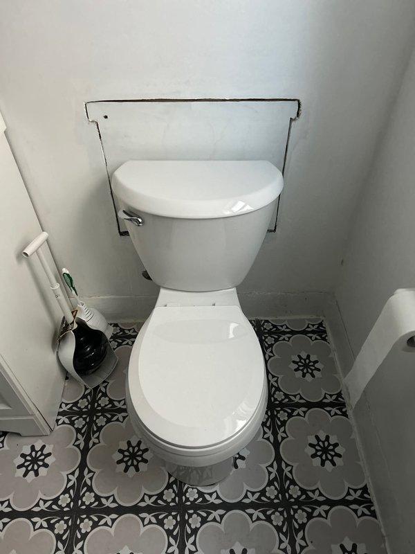 Removed severely corroded toilet flange and installed new two-piece white porcelain toilet in bathroom with decorative tile flooring. Secured unit properly with wall-mounted support bar for stability and confirmed proper functionality before completion.