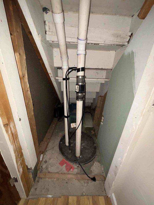Diagnosed and replaced failed ejector pump in basement bathroom utility closet. Performed installation of new pump with proper connections to existing PVC discharge piping. System tested and confirmed operational with proper drainage function.
