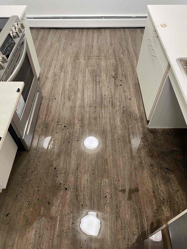 Responded to service call for backed up kitchen sink. Upon arrival, observed significant water leakage and spillage on the kitchen floor with visible puddles near the refrigerator and under the sink cabinet. Cleared the clogged drain line using appropriate drain cleaning equipment and verified proper drainage function. Advised customer on preventative maintenance practices to avoid future blockages.