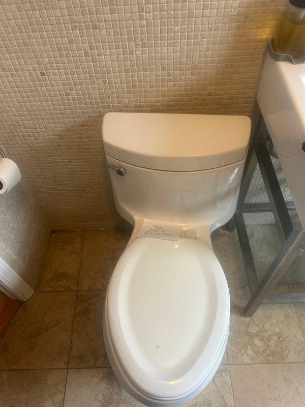Conducted leak investigation for ceiling water damage in first floor bathroom. Visual inspection revealed significant water staining and discoloration on ceiling. Toilet in upstairs bathroom identified as source of leak due to faulty wax ring seal. Replaced wax ring and secured toilet properly to prevent further water seepage.