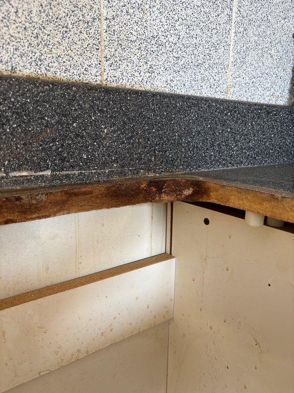 Completed installation of new drop-in sink faucet as requested by customer. Reconfigured existing PVC and copper waterlines to accommodate the new fixture, addressing visible water damage along countertop edge. All connections tested for proper function and leaks.