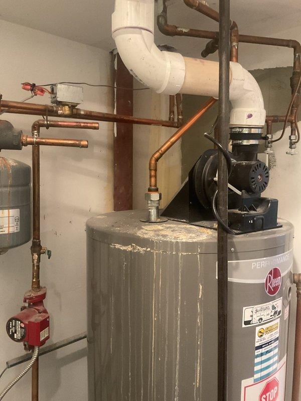 Performed inspection of Rheem water heater system showing signs of a loosening gasket and mineral deposits streaking down tank sides. Discussed VIP membership options (1-year and 3-year plans) with customer as alternative to their current 5-year renewal. Provided comprehensive estimate for future water heater replacement as requested.
