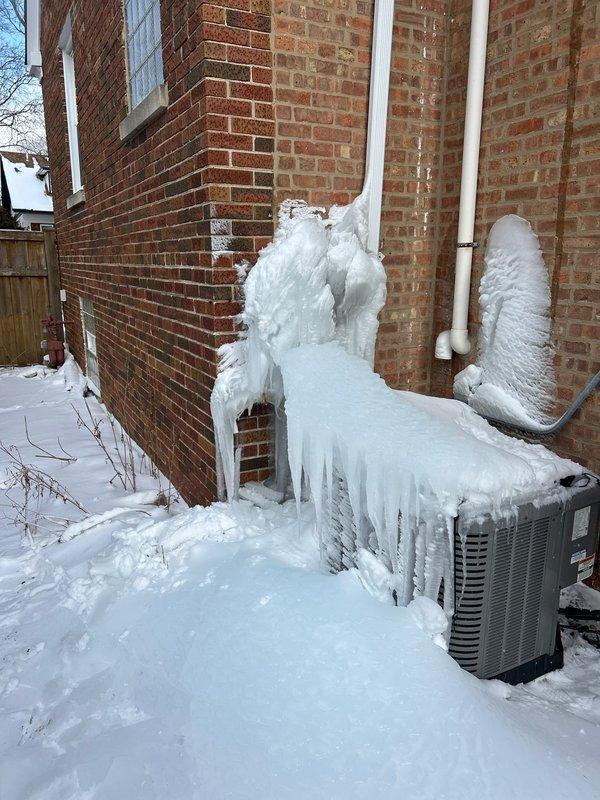 Responded to emergency call regarding burst outdoor spigot pipe. Inspection revealed extensive ice formation around exterior AC unit and associated PVC drainage pipes due to freezing conditions, with significant water damage evident. Repaired the compromised pipe section, restored water flow, and advised customer on preventative measures for future cold weather events.