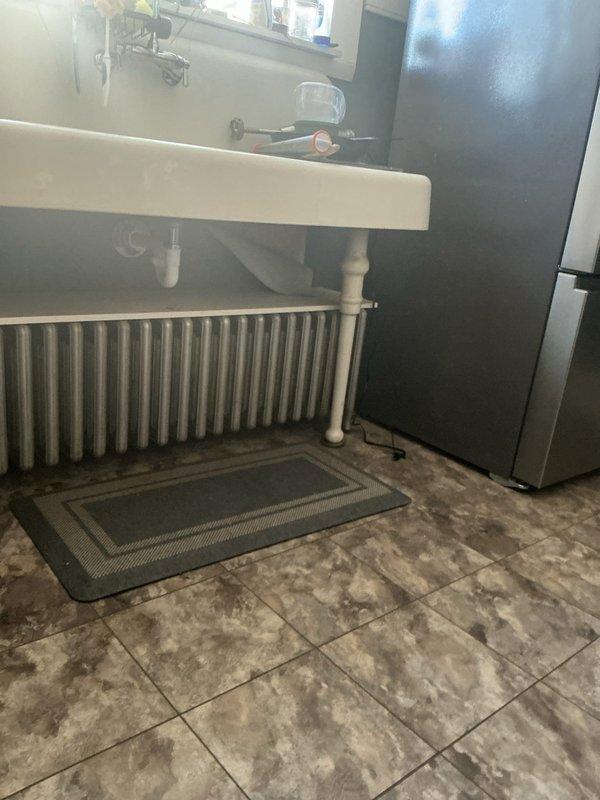 Responded to morning service call for frozen pipes. Upon inspection, discovered damage beneath the structure with affected radiator and plumbing components. Completed necessary repairs to restore proper function to bathroom sink plumbing system and associated radiator. Documented condition with photos for service record.
