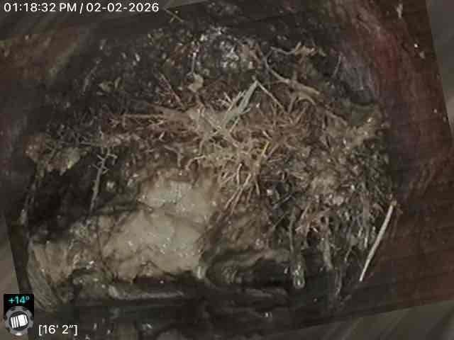 Performed callback service for Jon. Conducted inspection of drainage system using camera equipment, documenting significant debris accumulation and standing water. Inspection revealed fibrous material buildup at 16'2" and moisture/water accumulation with possible mineral deposits at 5'9" within the pipe system.