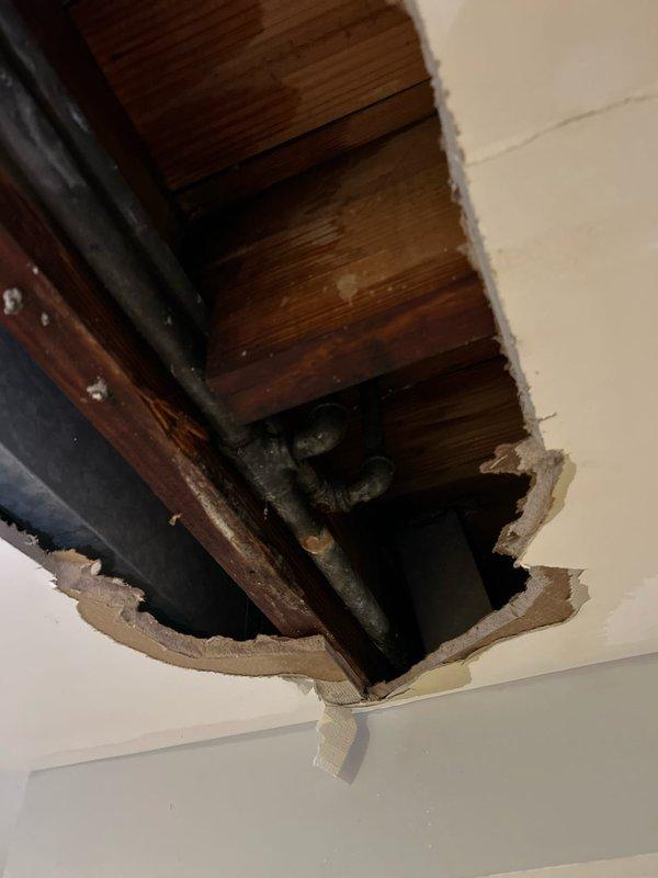 Responded to emergency call for frozen/burst pipe. Removed damaged drywall sections to access affected plumbing in ceiling. Identified water damage to surrounding wooden joists and possible mold growth on structural components. Repaired compromised pipe and fittings to restore water service.