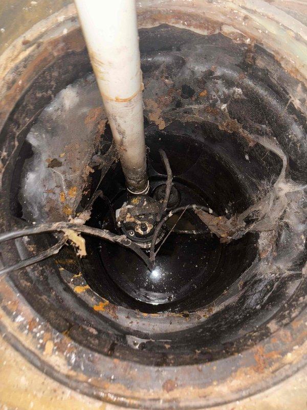 Completed ejector pump replacement in basement. Removed existing unit which showed significant sediment buildup, mineral deposits, and corrosion. Installed new submersible pump with proper electrical connections and verified system operation. Basin was cleaned of accumulated debris and rust deposits to ensure optimal performance.