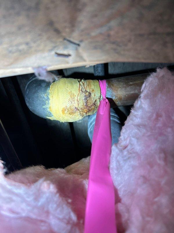 Identified and repaired water leak in aging supply line system. Inspection revealed significant corrosion at galvanized steel elbow joint connections with visible rust deterioration at threaded portions. Replaced affected section of pipe and insulated properly to prevent future moisture issues.