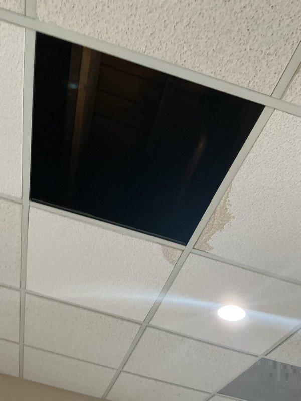 Responded to a water leak report affecting multiple units in a commercial property. Upon inspection, removed ceiling tiles to access the source of the leak, which was causing visible water damage to the suspended ceiling grid system in the business unit below. Identified water intrusion at the wall-floor junction in the unit above, evidenced by moisture damage to the hardwood flooring and baseboard area.