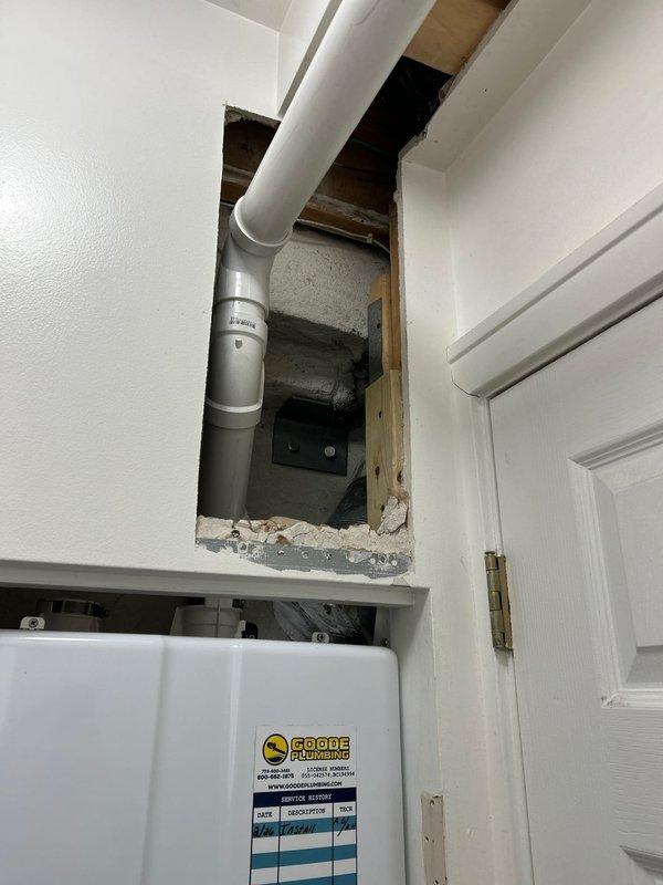 Installed new tankless water heater, requiring wall access to connect PVC drainage system. Performed necessary plumbing modifications including connection to existing drain line with PVC elbow joint. Identified ceiling pipe damage during inspection and documented condition for future reference. All parts supplied by Joey were installed according to manufacturer specifications.
