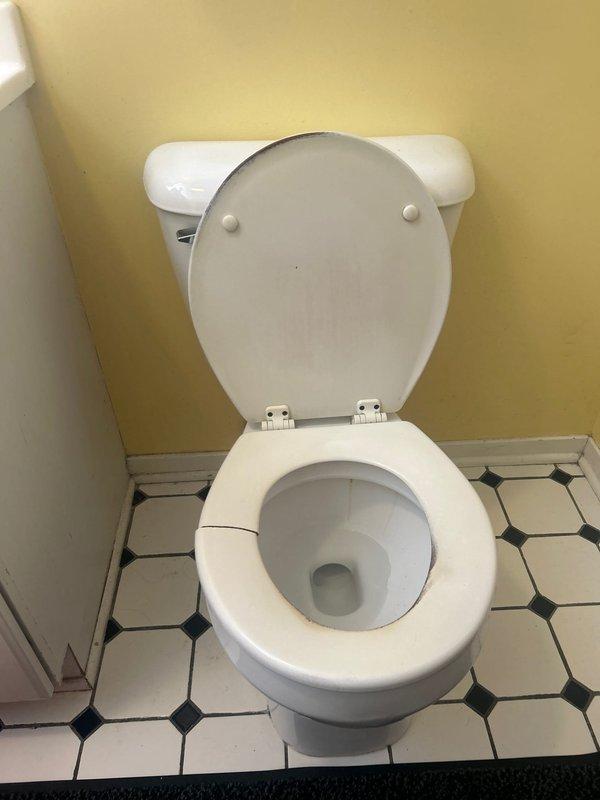 Conducted assessment of existing toilet fixture for potential replacement. Inspected current installation - standard white toilet with porcelain tank and base is functional but customer requested replacement estimate. Documented bathroom configuration including electrical placement and floor tiling pattern to ensure proper specifications for replacement unit.