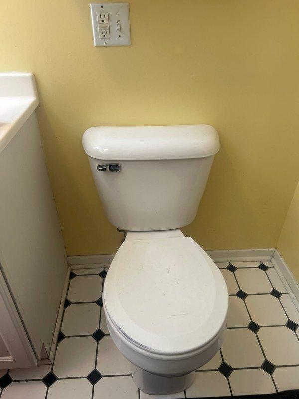 Conducted assessment of existing toilet fixture for potential replacement. Inspected current installation - standard white toilet with porcelain tank and base is functional but customer requested replacement estimate. Documented bathroom configuration including electrical placement and floor tiling pattern to ensure proper specifications for replacement unit.